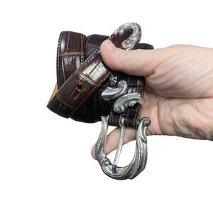 Coldwater Creek 2X Croc Embossed Leather Belt Western Silver Buckle Made USA